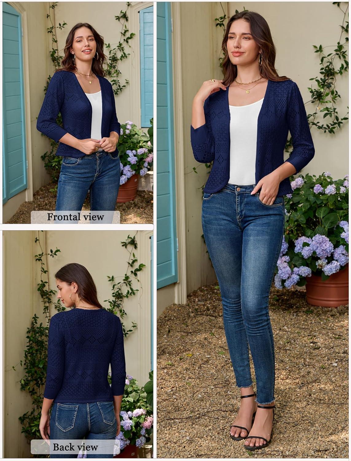 imageGRACE KARIN Womens 34 Sleeve Open Front Cropped Cardigan Summer Lightweight Hollow Out Knit ShrugDark Blue
