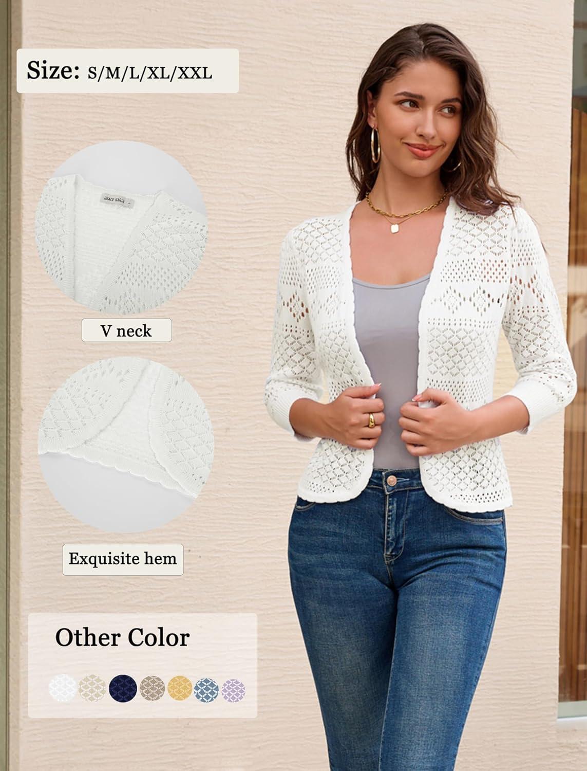 imageGRACE KARIN Womens 34 Sleeve Open Front Cropped Cardigan Summer Lightweight Hollow Out Knit ShrugIvory White