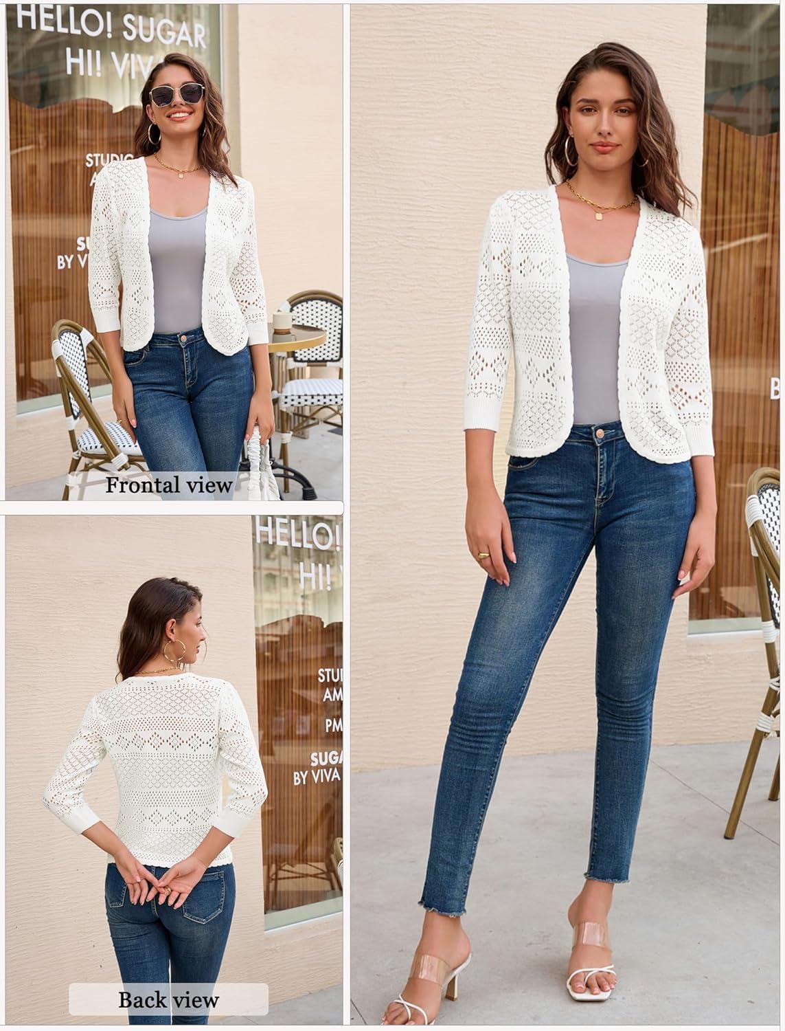 imageGRACE KARIN Womens 34 Sleeve Open Front Cropped Cardigan Summer Lightweight Hollow Out Knit ShrugIvory White