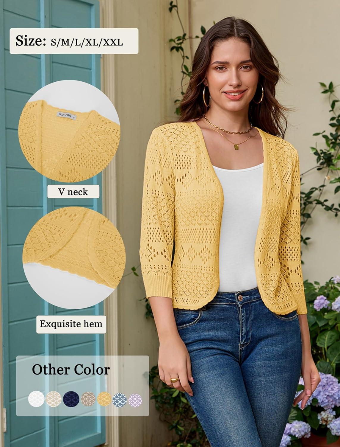 imageGRACE KARIN Womens 34 Sleeve Open Front Cropped Cardigan Summer Lightweight Hollow Out Knit ShrugLight Yellow