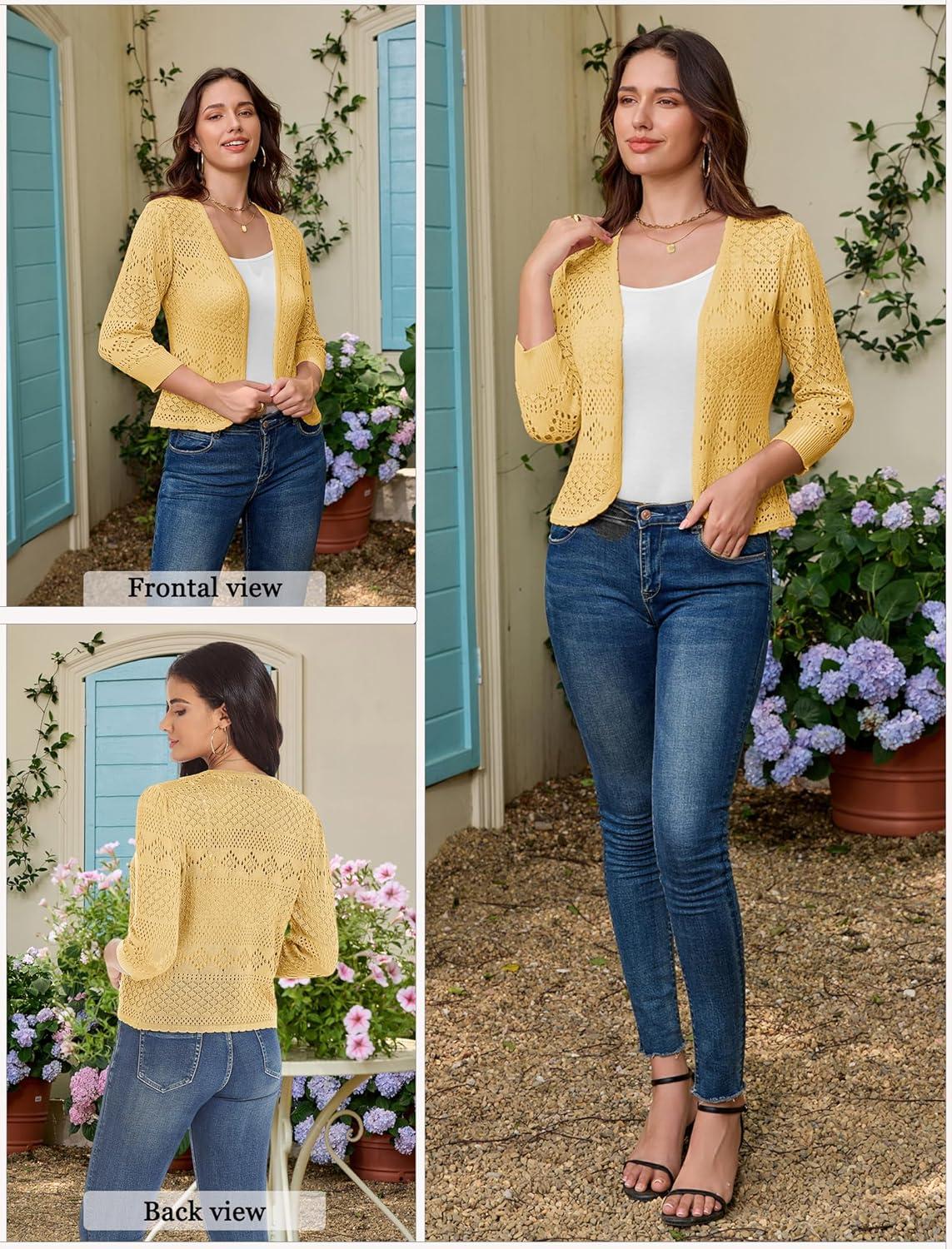 imageGRACE KARIN Womens 34 Sleeve Open Front Cropped Cardigan Summer Lightweight Hollow Out Knit ShrugLight Yellow