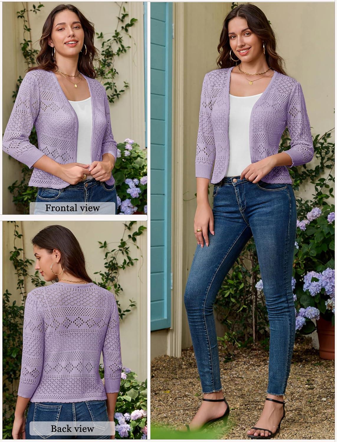imageGRACE KARIN Womens 34 Sleeve Open Front Cropped Cardigan Summer Lightweight Hollow Out Knit ShrugPink Purple