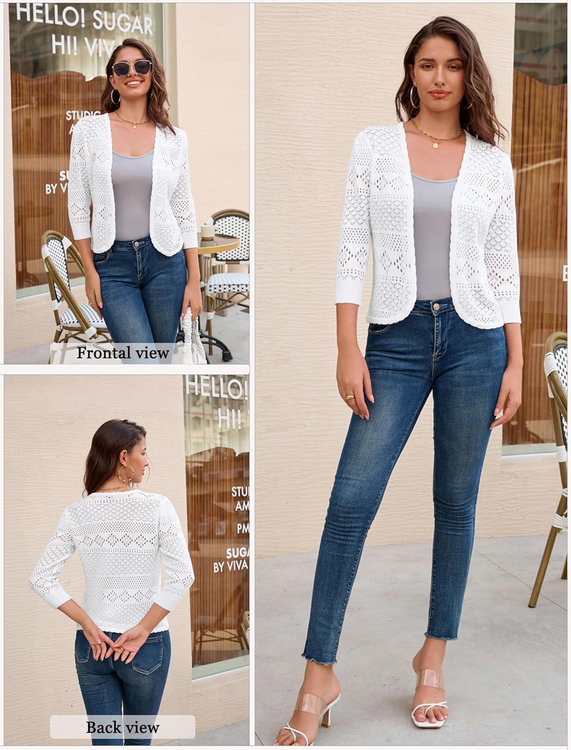 imageGRACE KARIN Womens 34 Sleeve Open Front Cropped Cardigan Summer Lightweight Hollow Out Knit ShrugWhite