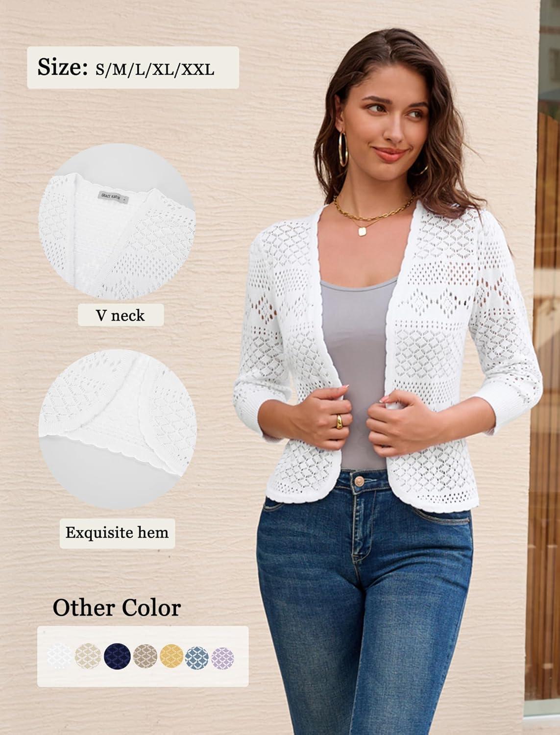imageGRACE KARIN Womens 34 Sleeve Open Front Cropped Cardigan Summer Lightweight Hollow Out Knit ShrugWhite