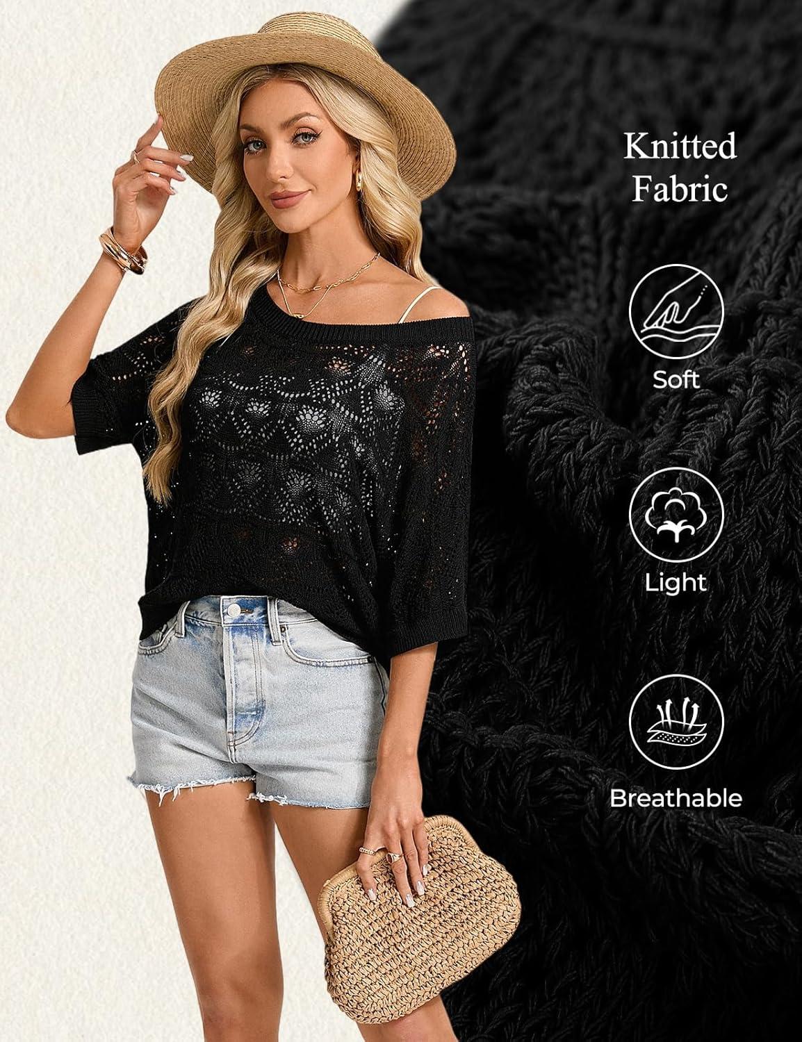 imageGRACE KARIN Womens Crochet Hollow Out Tops Off Shoulder Boho Knit Sweater Short Sleeve Summer Beach Vacation OutfitsBlack