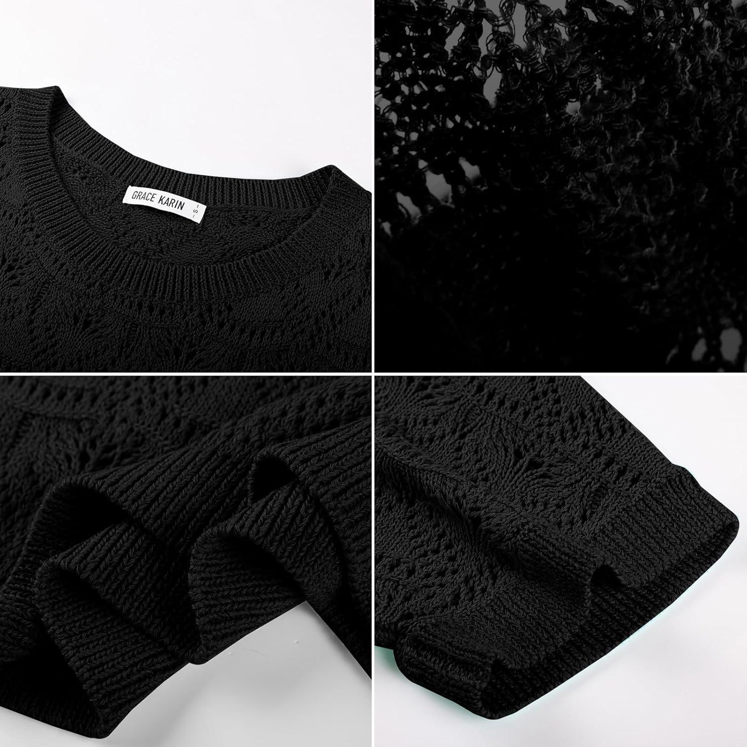 imageGRACE KARIN Womens Crochet Hollow Out Tops Off Shoulder Boho Knit Sweater Short Sleeve Summer Beach Vacation OutfitsBlack