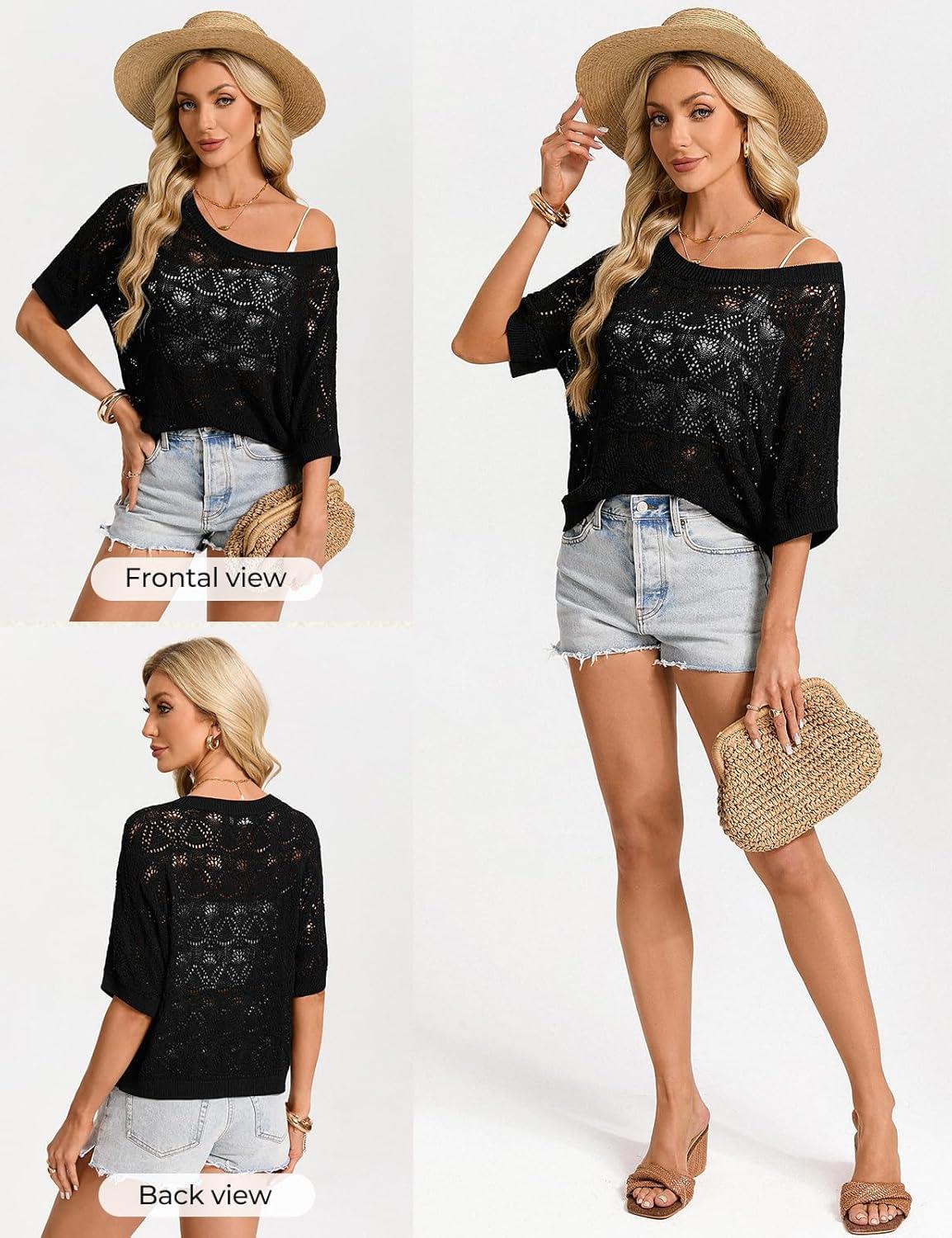 imageGRACE KARIN Womens Crochet Hollow Out Tops Off Shoulder Boho Knit Sweater Short Sleeve Summer Beach Vacation OutfitsBlack