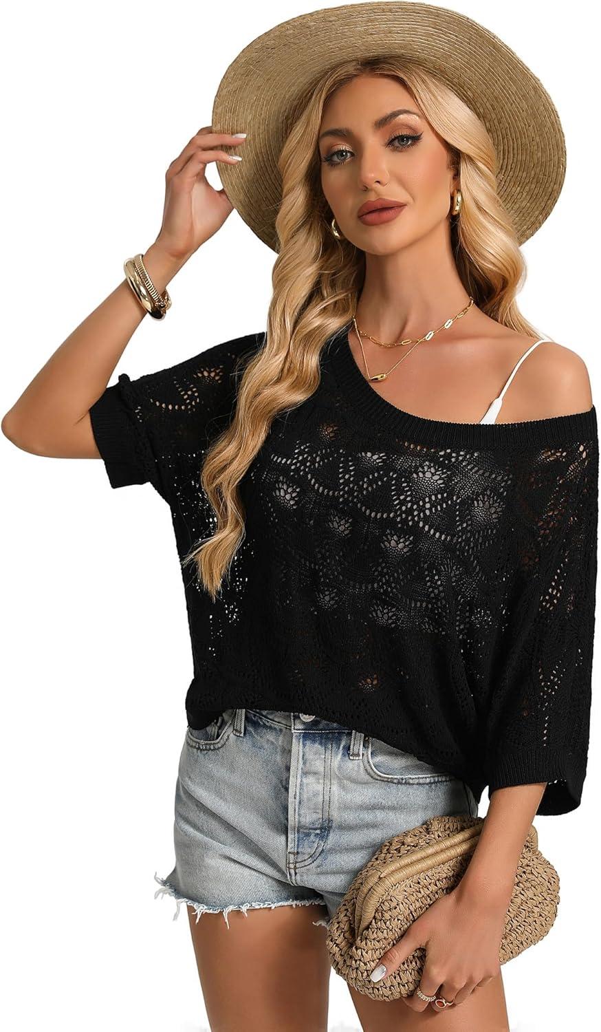 imageGRACE KARIN Womens Crochet Hollow Out Tops Off Shoulder Boho Knit Sweater Short Sleeve Summer Beach Vacation OutfitsBlack
