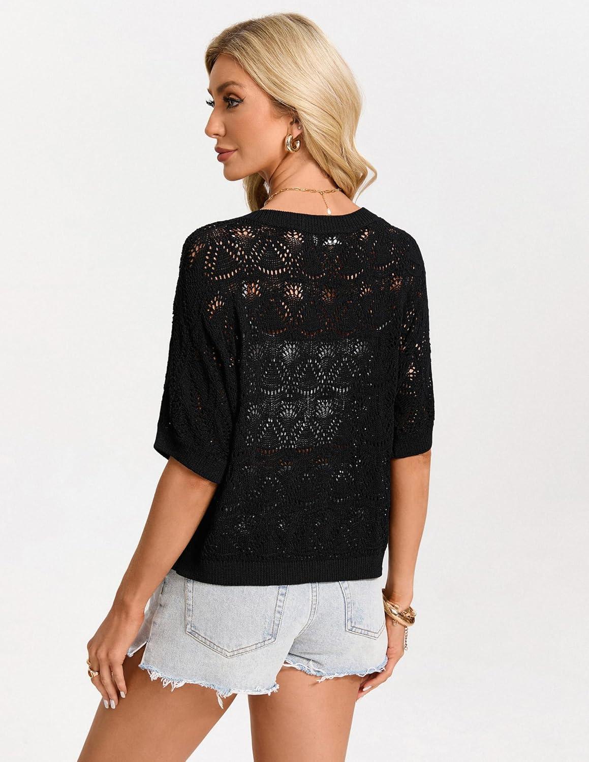 imageGRACE KARIN Womens Crochet Hollow Out Tops Off Shoulder Boho Knit Sweater Short Sleeve Summer Beach Vacation OutfitsBlack