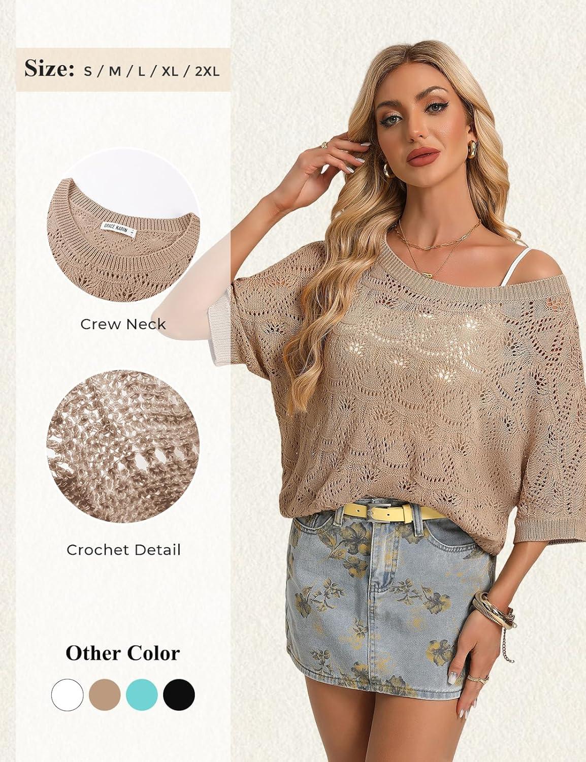 imageGRACE KARIN Womens Crochet Hollow Out Tops Off Shoulder Boho Knit Sweater Short Sleeve Summer Beach Vacation OutfitsKhaki