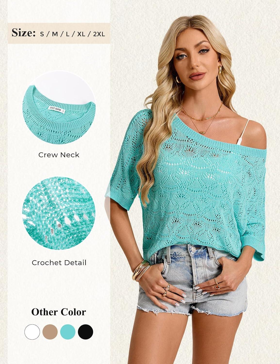 imageGRACE KARIN Womens Crochet Hollow Out Tops Off Shoulder Boho Knit Sweater Short Sleeve Summer Beach Vacation OutfitsLight Blue