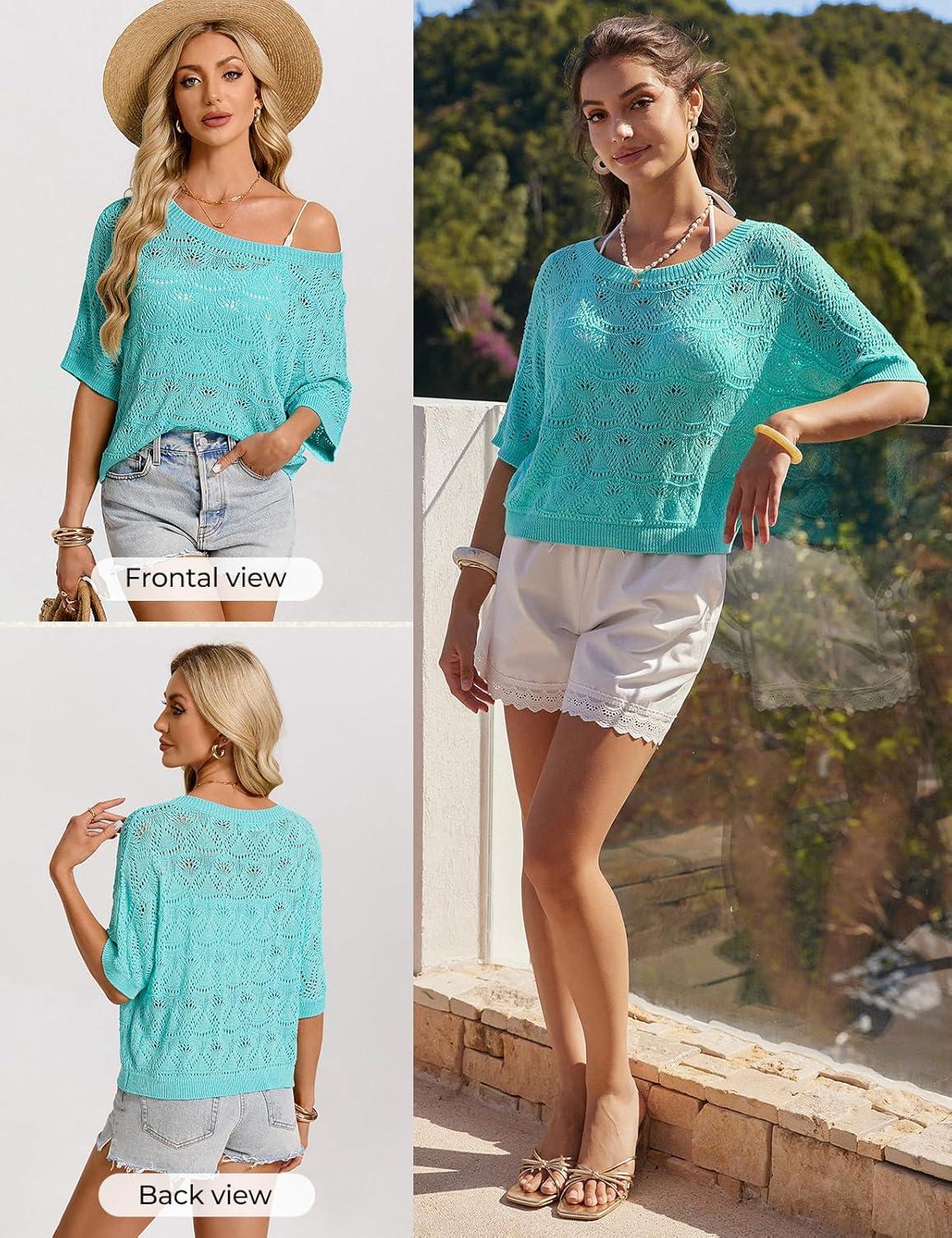 imageGRACE KARIN Womens Crochet Hollow Out Tops Off Shoulder Boho Knit Sweater Short Sleeve Summer Beach Vacation OutfitsLight Blue