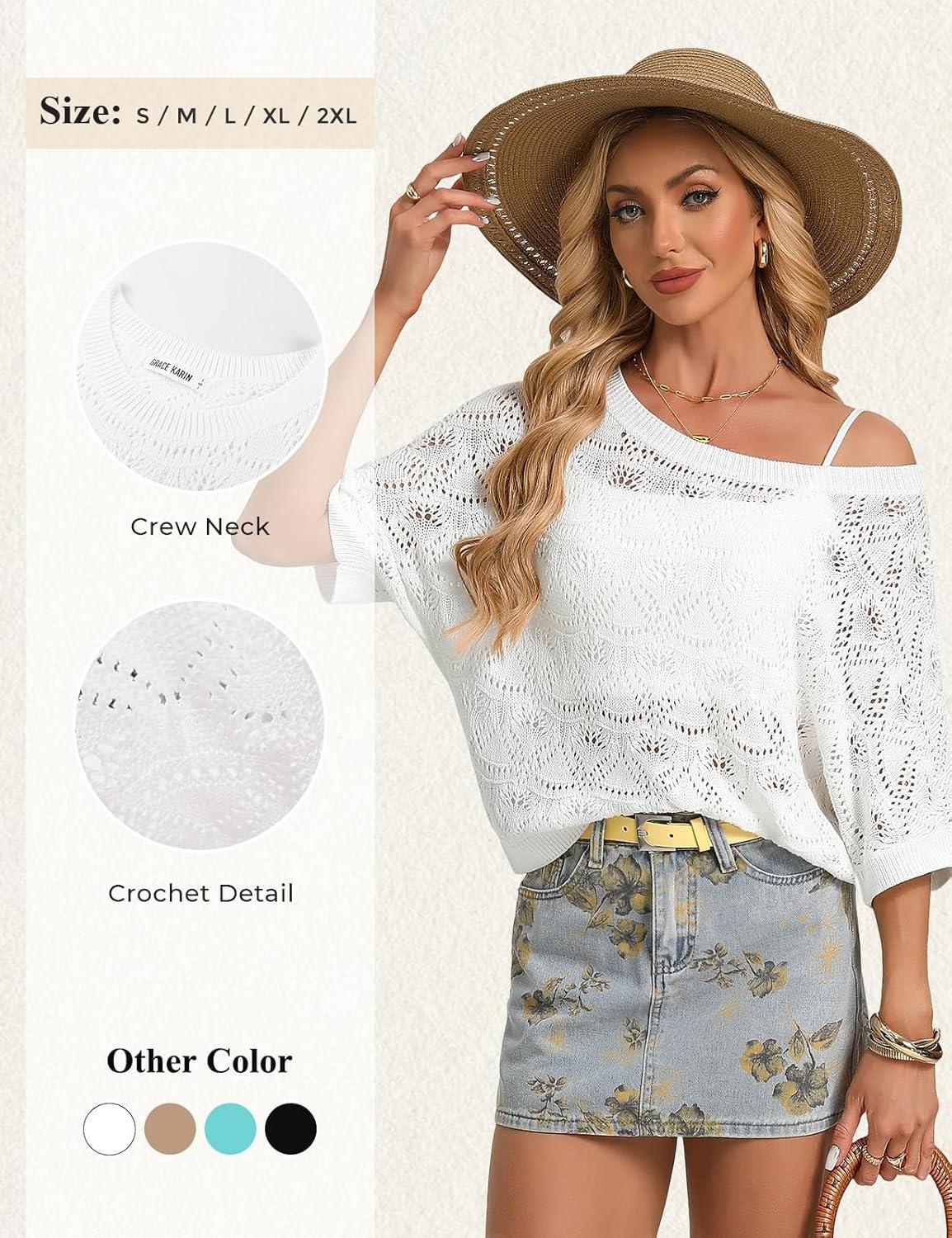 imageGRACE KARIN Womens Crochet Hollow Out Tops Off Shoulder Boho Knit Sweater Short Sleeve Summer Beach Vacation OutfitsWhite