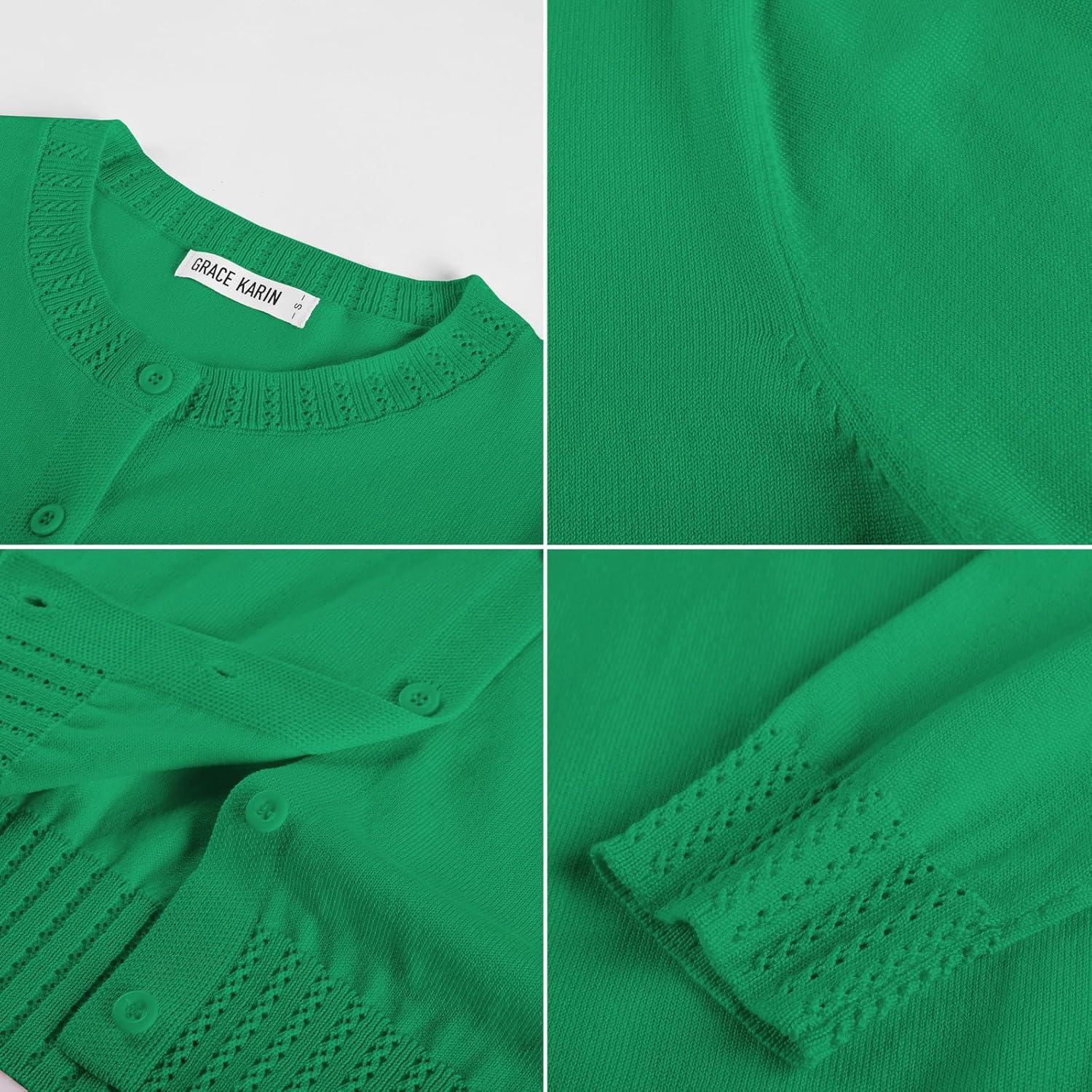 imageGRACE KARIN Womens Cropped Cardigan Sweaters Trendy Lightweight Shrugs Button Up Long Sleeve Knit TopsGreen
