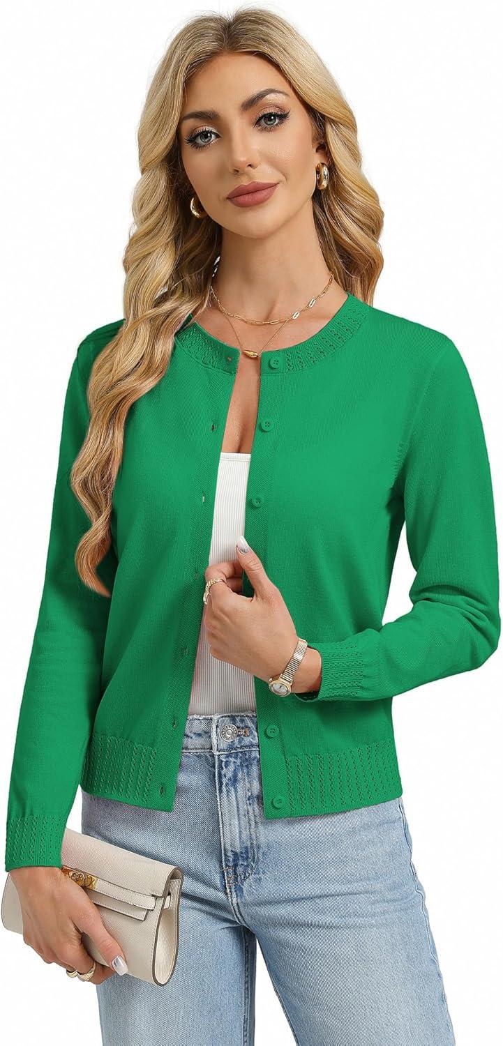 imageGRACE KARIN Womens Cropped Cardigan Sweaters Trendy Lightweight Shrugs Button Up Long Sleeve Knit TopsGreen