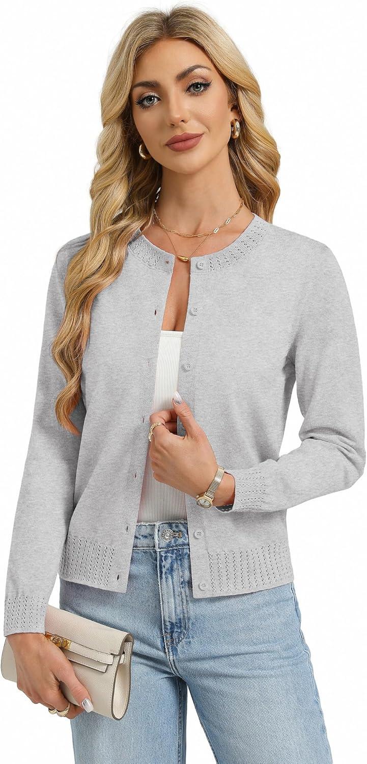imageGRACE KARIN Womens Cropped Cardigan Sweaters Trendy Lightweight Shrugs Button Up Long Sleeve Knit TopsLight Grey