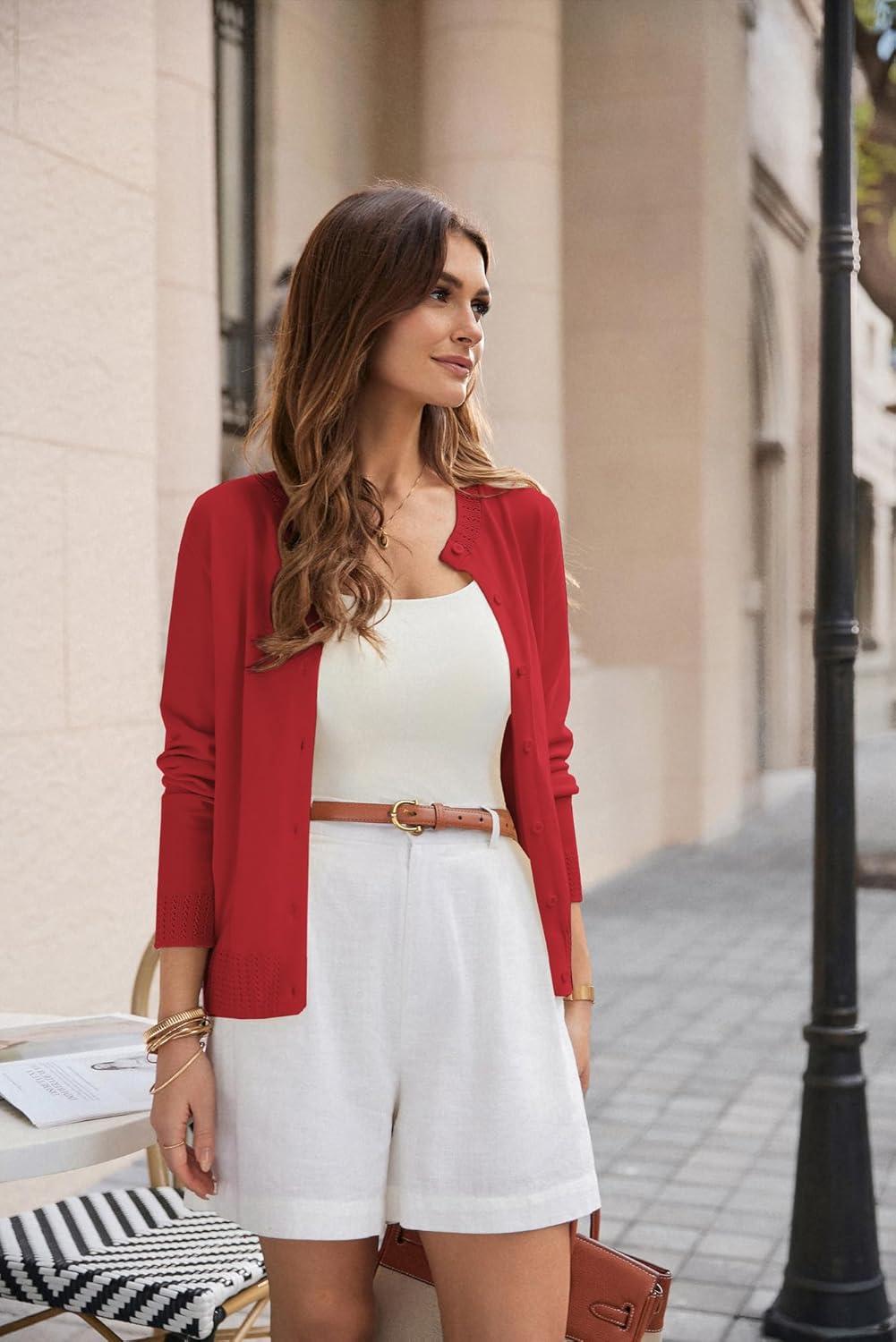 imageGRACE KARIN Womens Cropped Cardigan Sweaters Trendy Lightweight Shrugs Button Up Long Sleeve Knit TopsRed