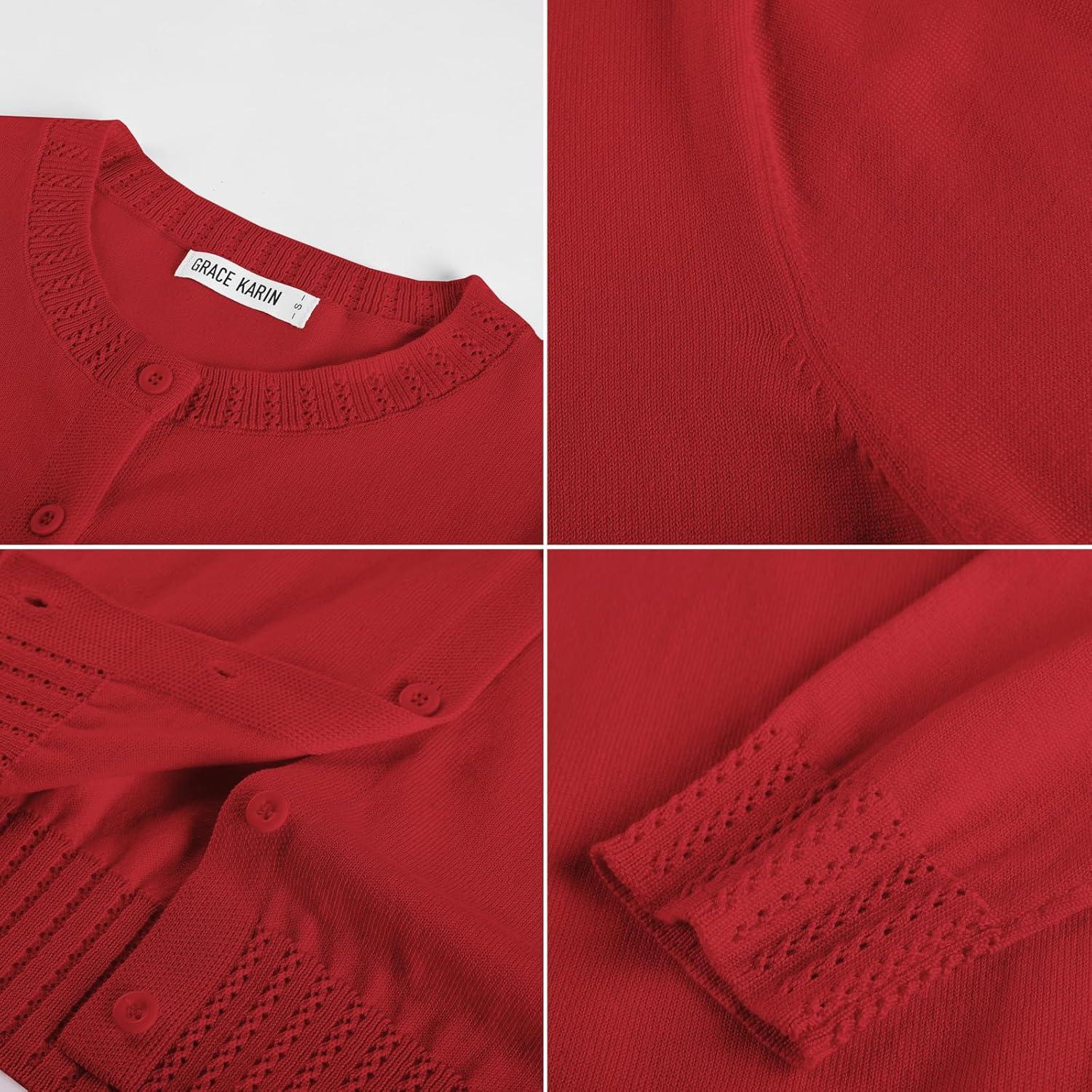 imageGRACE KARIN Womens Cropped Cardigan Sweaters Trendy Lightweight Shrugs Button Up Long Sleeve Knit TopsRed