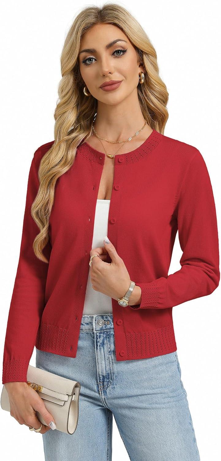 imageGRACE KARIN Womens Cropped Cardigan Sweaters Trendy Lightweight Shrugs Button Up Long Sleeve Knit TopsRed