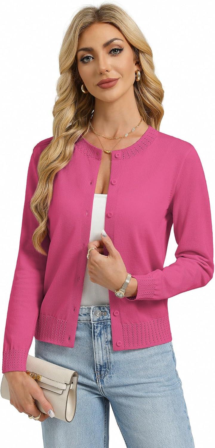 imageGRACE KARIN Womens Cropped Cardigan Sweaters Trendy Lightweight Shrugs Button Up Long Sleeve Knit TopsRose Red