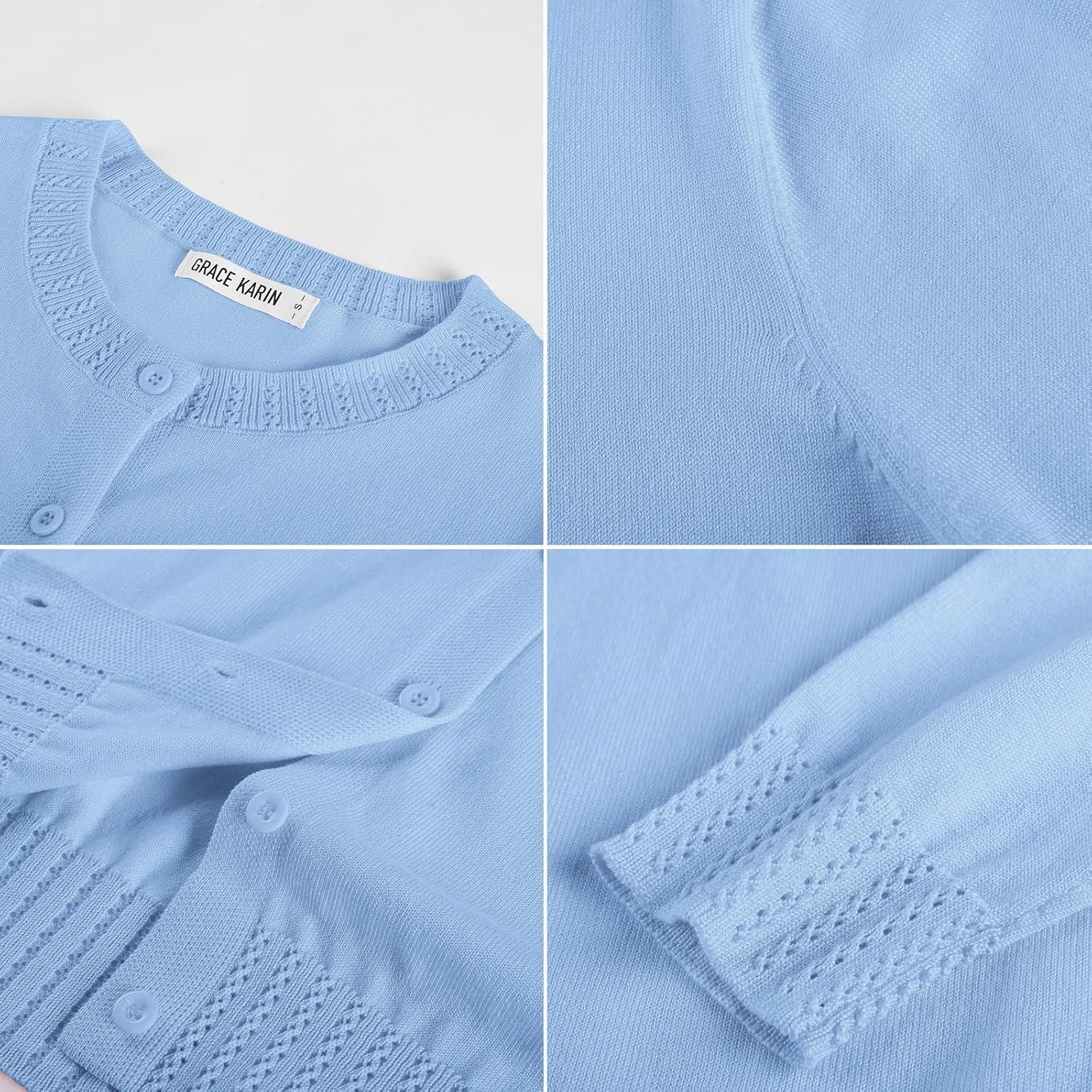 imageGRACE KARIN Womens Cropped Cardigan Sweaters Trendy Lightweight Shrugs Button Up Long Sleeve Knit TopsSky Blue