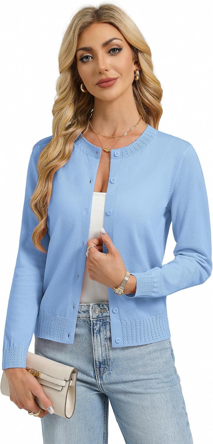 imageGRACE KARIN Womens Cropped Cardigan Sweaters Trendy Lightweight Shrugs Button Up Long Sleeve Knit TopsSky Blue