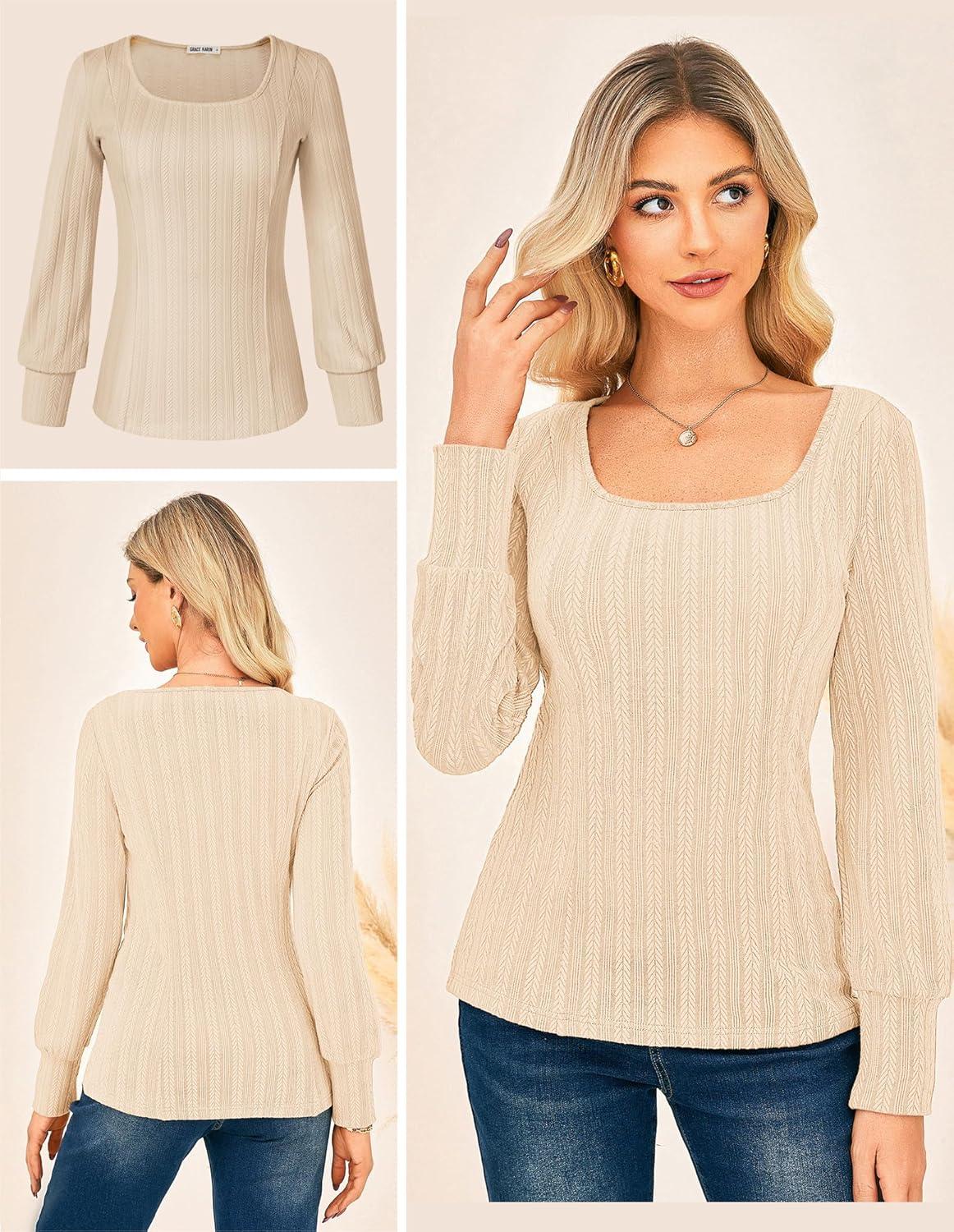 imageGRACE KARIN Womens Fall Long Sleeve Trendy Tops 2025 Square Neck Ribbed Casual Shirts Cozy Basic SweaterApricot