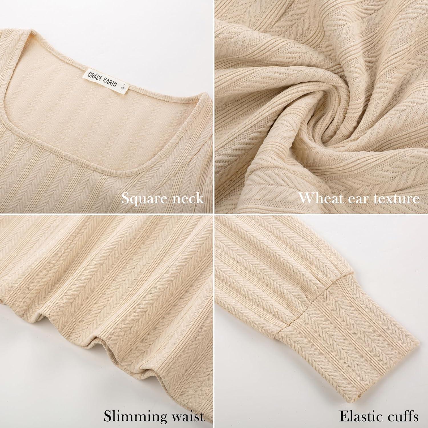 imageGRACE KARIN Womens Fall Long Sleeve Trendy Tops 2025 Square Neck Ribbed Casual Shirts Cozy Basic SweaterApricot