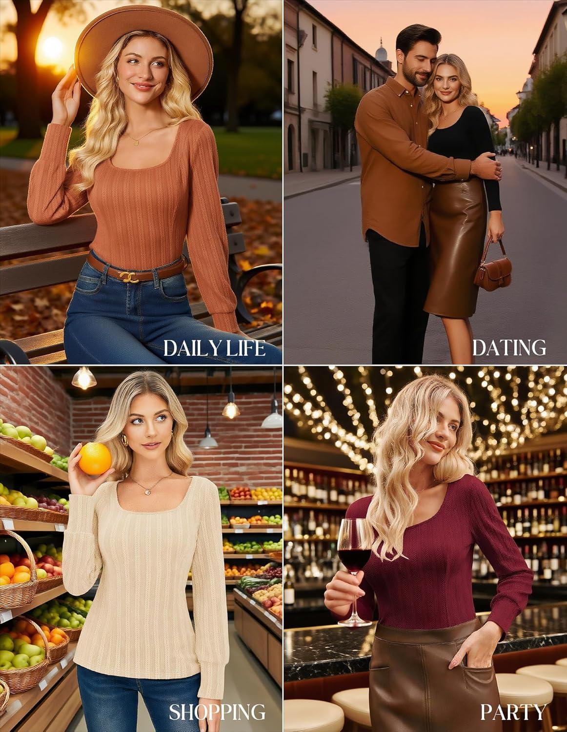 imageGRACE KARIN Womens Fall Long Sleeve Trendy Tops 2025 Square Neck Ribbed Casual Shirts Cozy Basic SweaterBlack