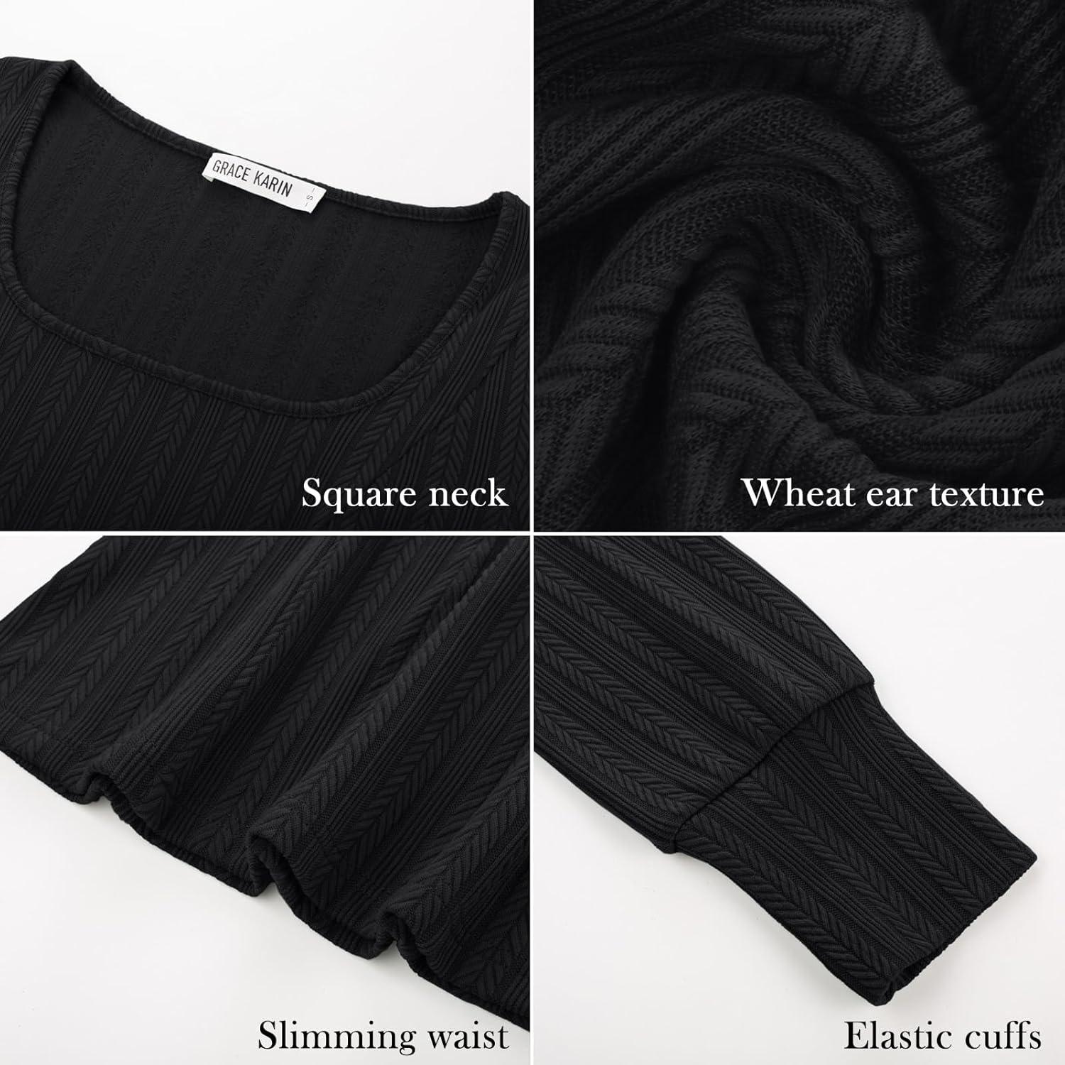 imageGRACE KARIN Womens Fall Long Sleeve Trendy Tops 2025 Square Neck Ribbed Casual Shirts Cozy Basic SweaterBlack