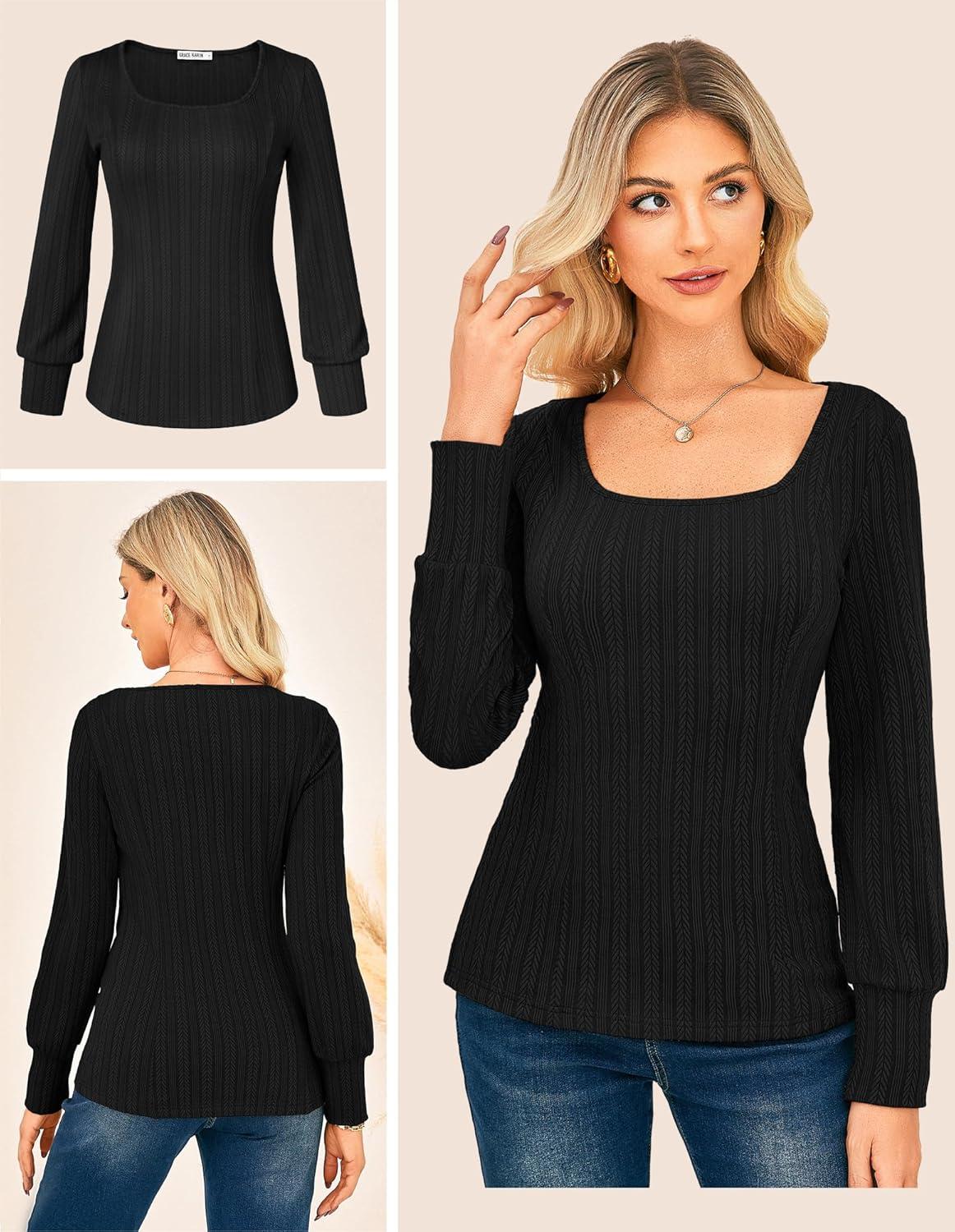 imageGRACE KARIN Womens Fall Long Sleeve Trendy Tops 2025 Square Neck Ribbed Casual Shirts Cozy Basic SweaterBlack