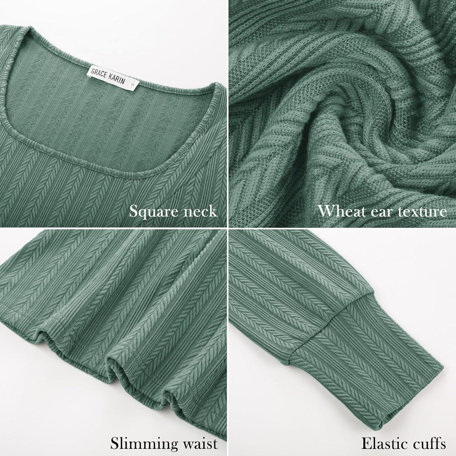 imageGRACE KARIN Womens Fall Long Sleeve Trendy Tops 2025 Square Neck Ribbed Casual Shirts Cozy Basic SweaterGray Green