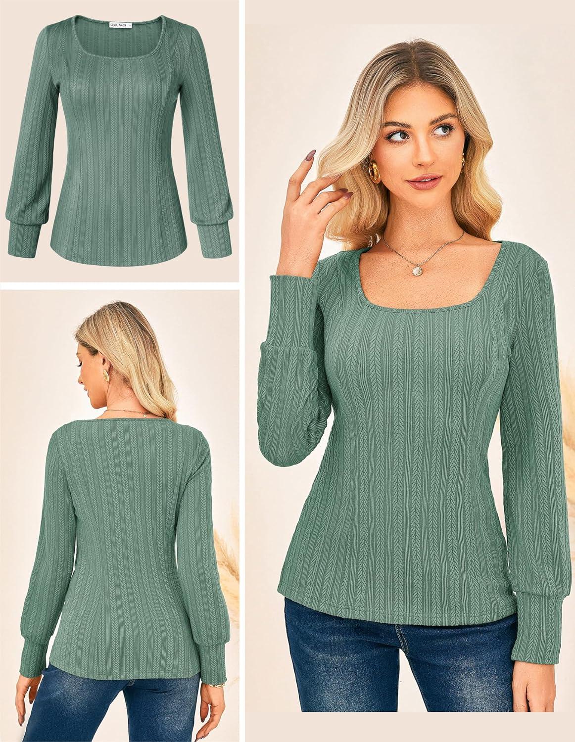 imageGRACE KARIN Womens Fall Long Sleeve Trendy Tops 2025 Square Neck Ribbed Casual Shirts Cozy Basic SweaterGray Green