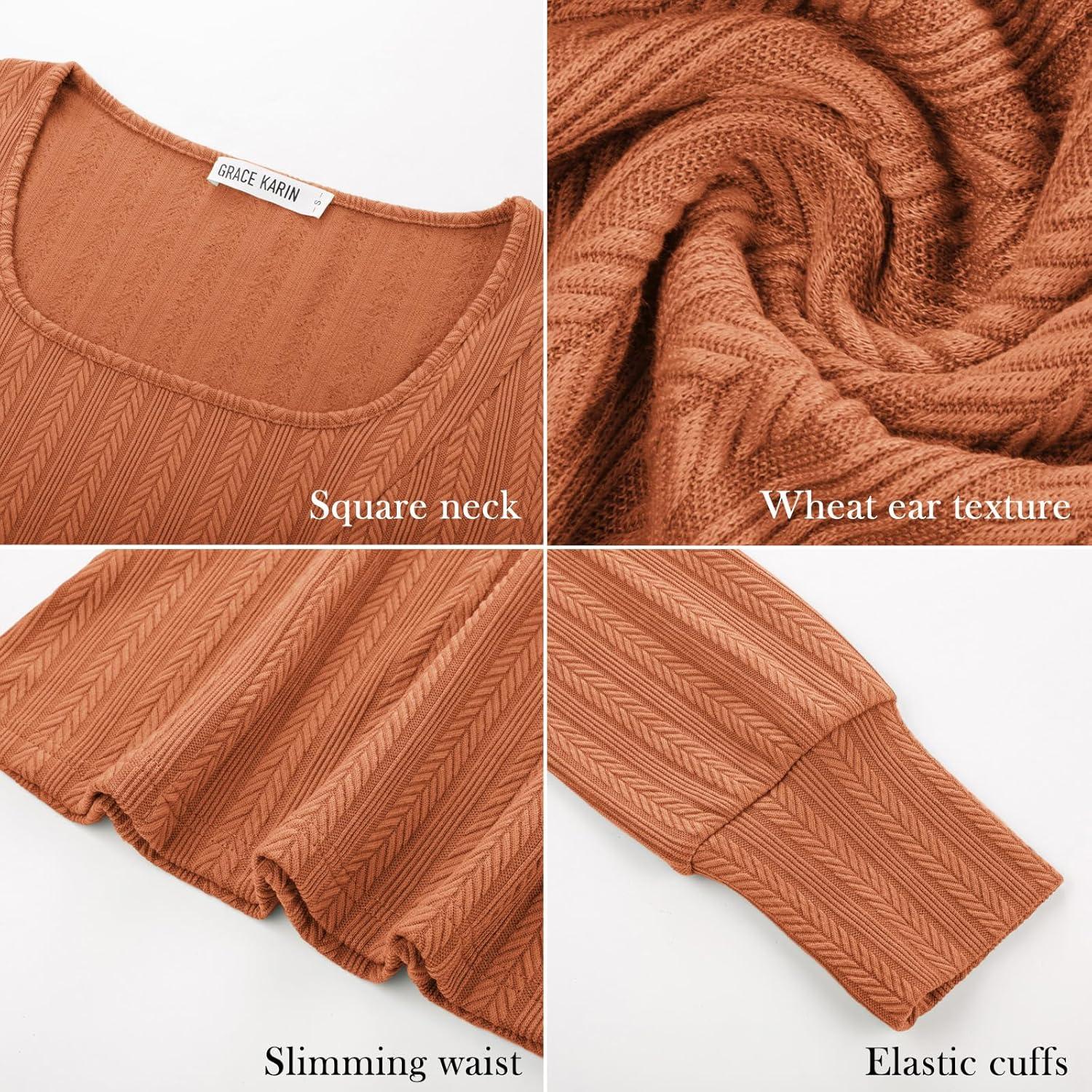 imageGRACE KARIN Womens Fall Long Sleeve Trendy Tops 2025 Square Neck Ribbed Casual Shirts Cozy Basic SweaterOrange