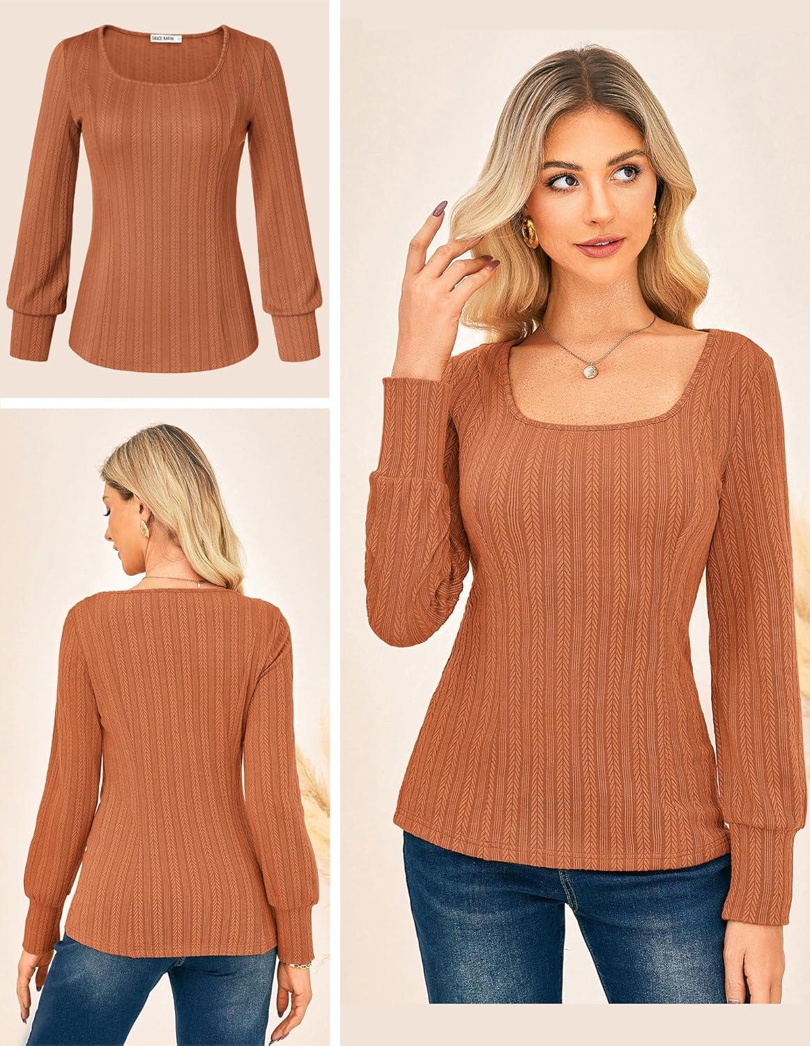 imageGRACE KARIN Womens Fall Long Sleeve Trendy Tops 2025 Square Neck Ribbed Casual Shirts Cozy Basic SweaterOrange