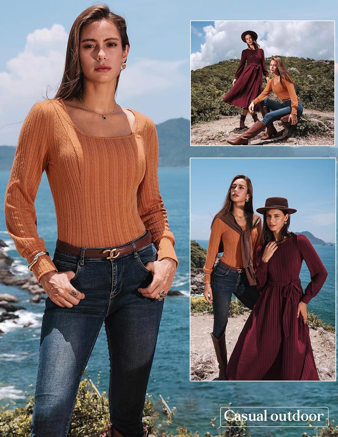 imageGRACE KARIN Womens Fall Long Sleeve Trendy Tops 2025 Square Neck Ribbed Casual Shirts Cozy Basic SweaterOrange
