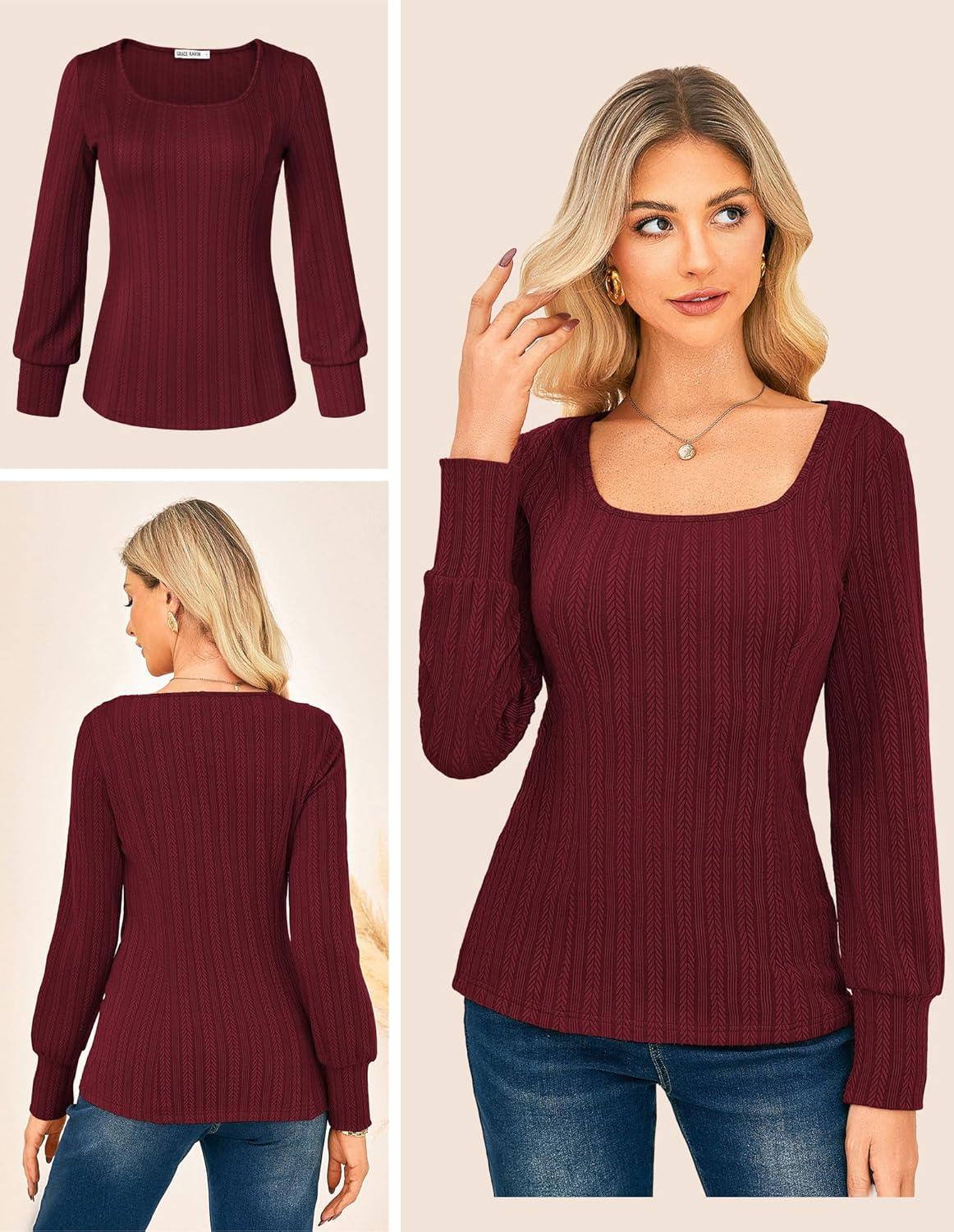 imageGRACE KARIN Womens Fall Long Sleeve Trendy Tops 2025 Square Neck Ribbed Casual Shirts Cozy Basic SweaterWine Red