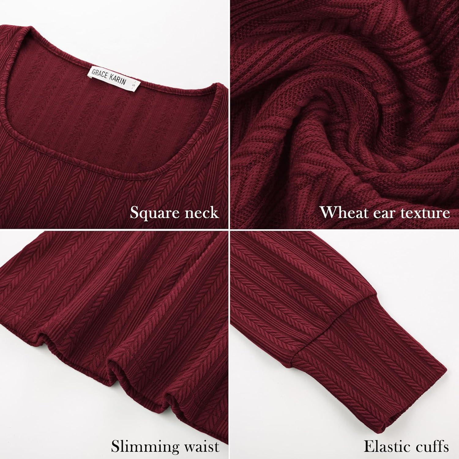 imageGRACE KARIN Womens Fall Long Sleeve Trendy Tops 2025 Square Neck Ribbed Casual Shirts Cozy Basic SweaterWine Red