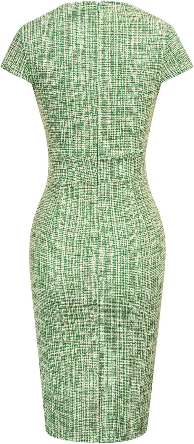 imageGRACE KARIN Womens Grey Patterned VNeck Cap Sleeve KneeLength Pencil Dress Size XLGreen Plaid