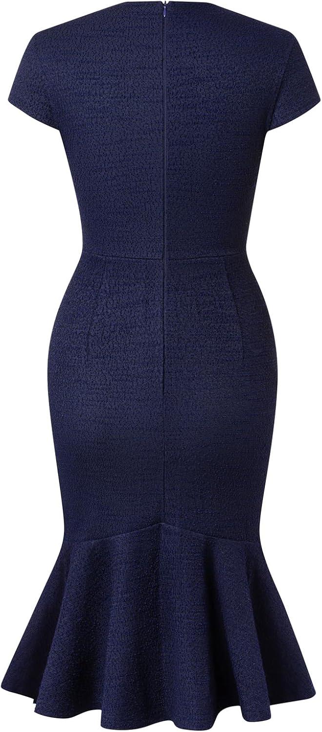 imageGRACE KARIN Womens Grey Patterned VNeck Cap Sleeve KneeLength Pencil Dress Size XLNavy