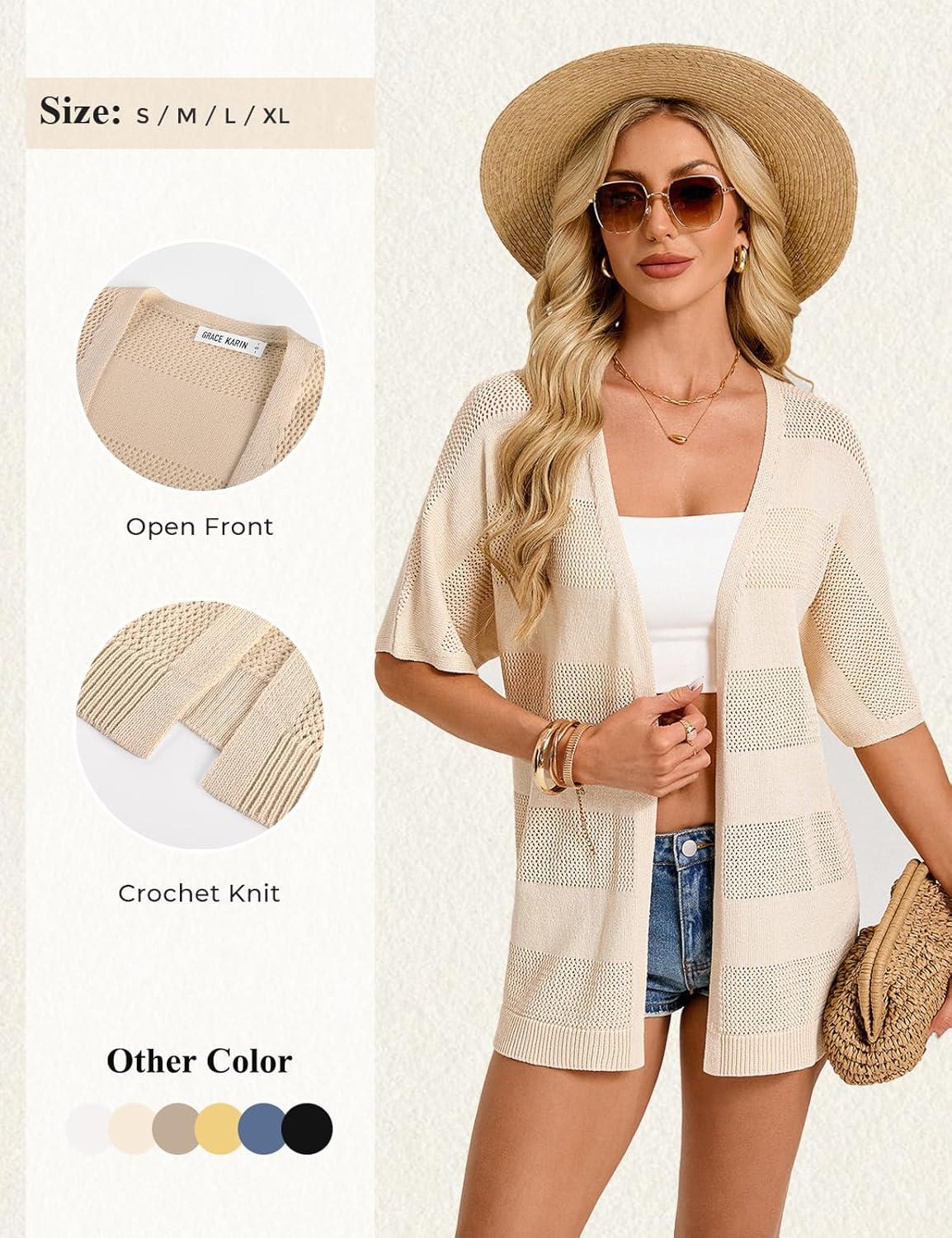 imageGRACE KARIN Womens Lightweight Summer Cardigan Short Sleeve Crochet Knit Coverup Boho Kimono Beach Vacation ClothesApricot