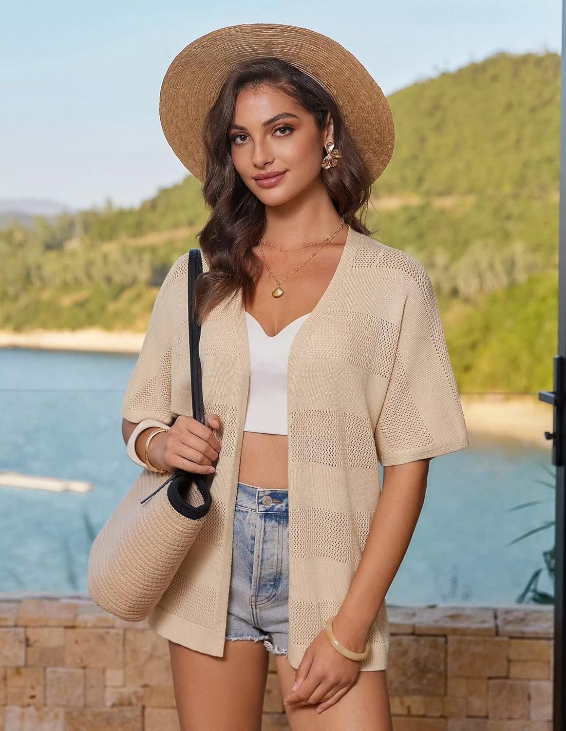 imageGRACE KARIN Womens Lightweight Summer Cardigan Short Sleeve Crochet Knit Coverup Boho Kimono Beach Vacation ClothesApricot