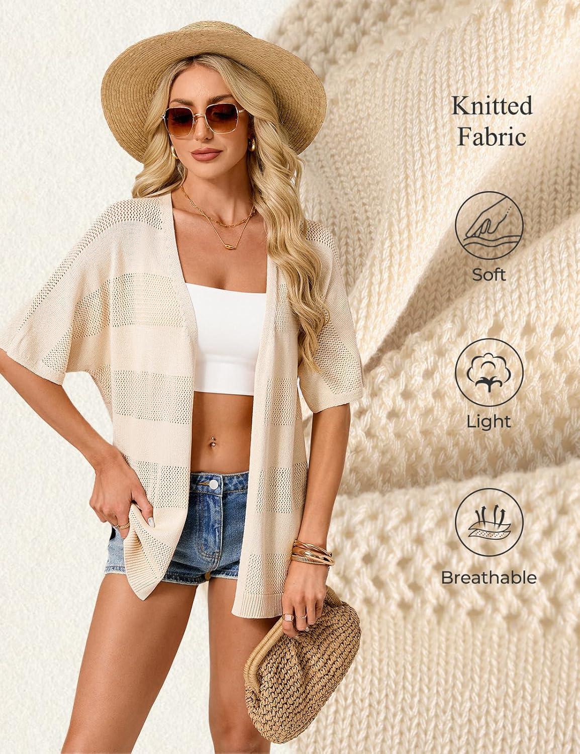 imageGRACE KARIN Womens Lightweight Summer Cardigan Short Sleeve Crochet Knit Coverup Boho Kimono Beach Vacation ClothesApricot