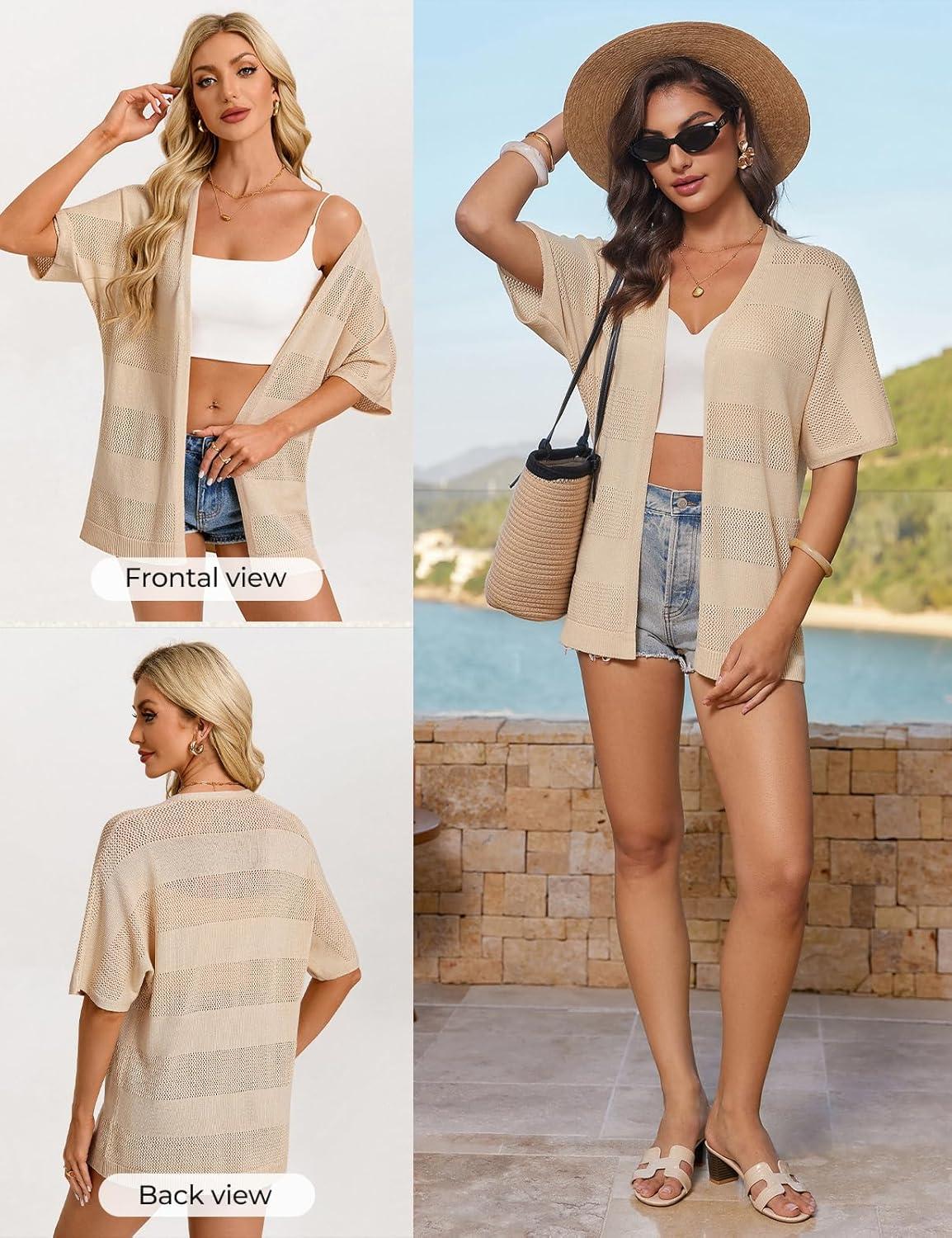 imageGRACE KARIN Womens Lightweight Summer Cardigan Short Sleeve Crochet Knit Coverup Boho Kimono Beach Vacation ClothesApricot