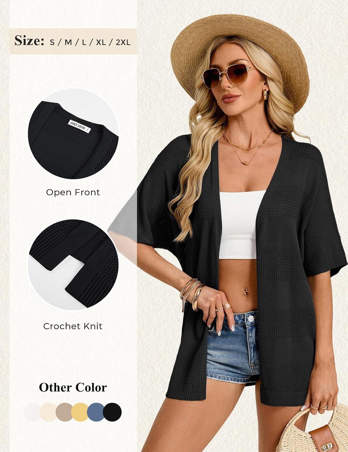 imageGRACE KARIN Womens Lightweight Summer Cardigan Short Sleeve Crochet Knit Coverup Boho Kimono Beach Vacation ClothesBlack