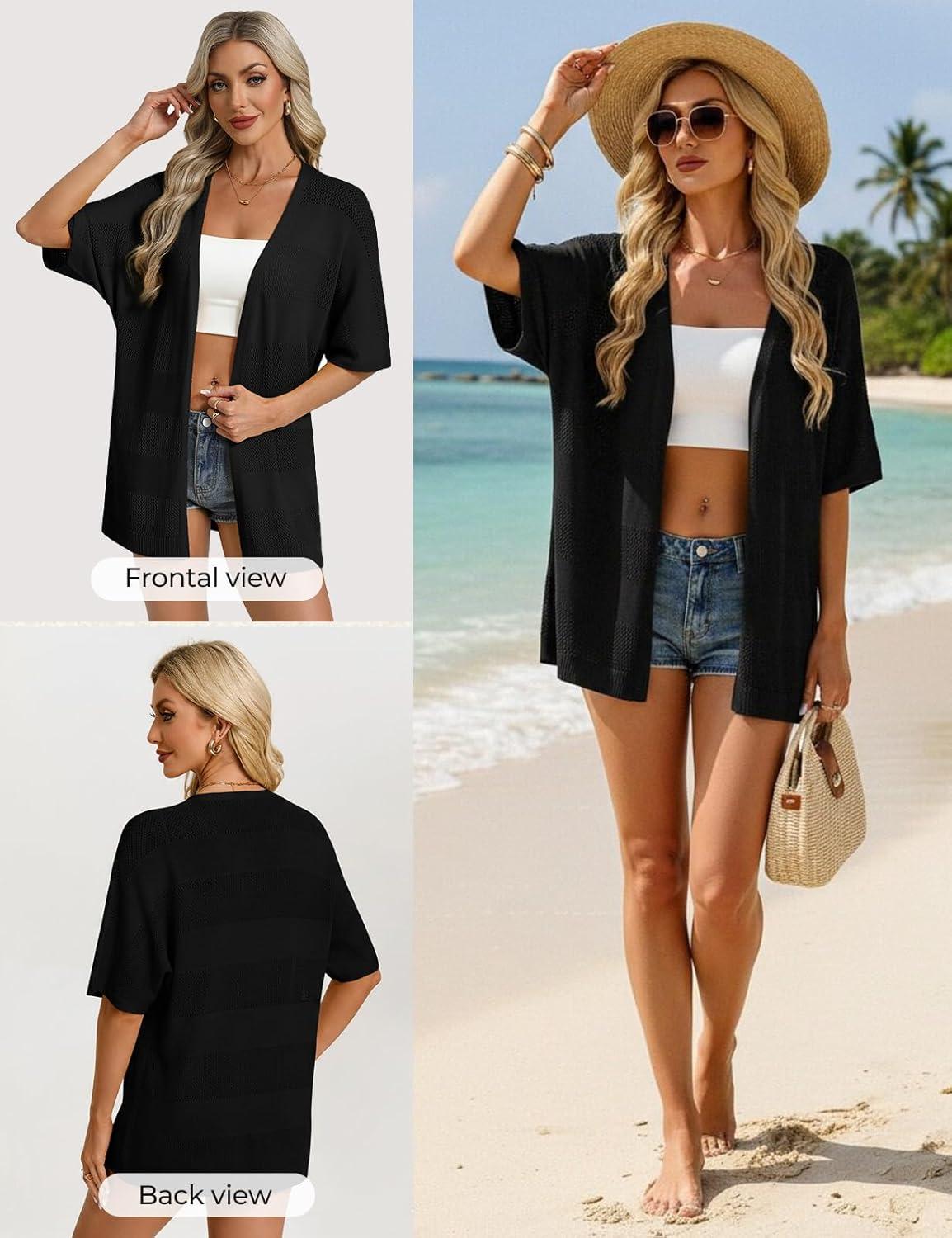 imageGRACE KARIN Womens Lightweight Summer Cardigan Short Sleeve Crochet Knit Coverup Boho Kimono Beach Vacation ClothesBlack