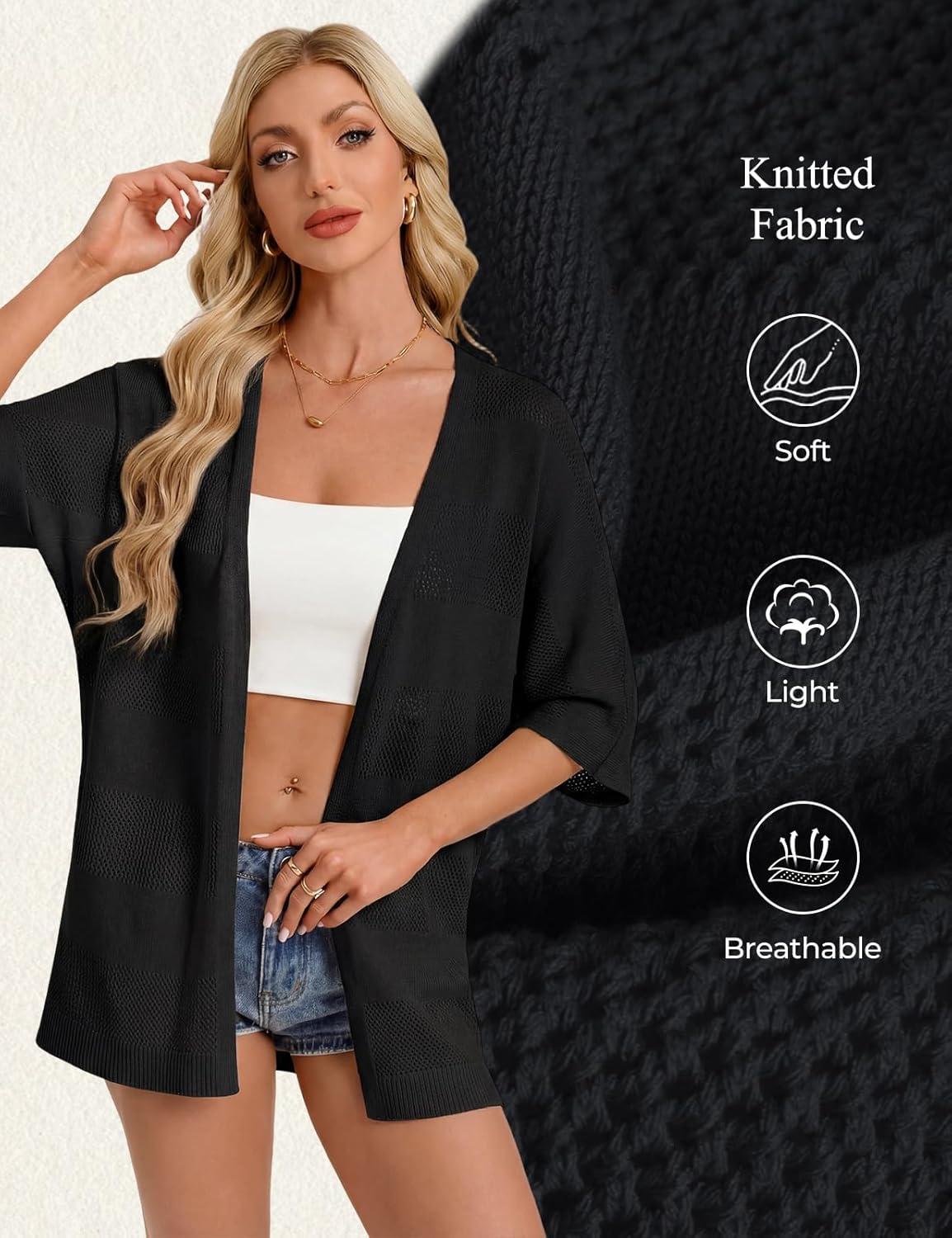 imageGRACE KARIN Womens Lightweight Summer Cardigan Short Sleeve Crochet Knit Coverup Boho Kimono Beach Vacation ClothesBlack