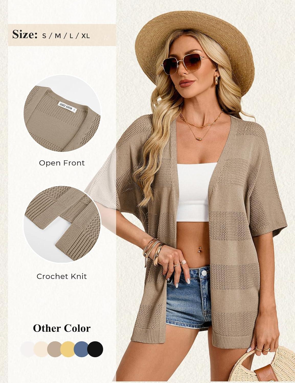 imageGRACE KARIN Womens Lightweight Summer Cardigan Short Sleeve Crochet Knit Coverup Boho Kimono Beach Vacation ClothesKhaki