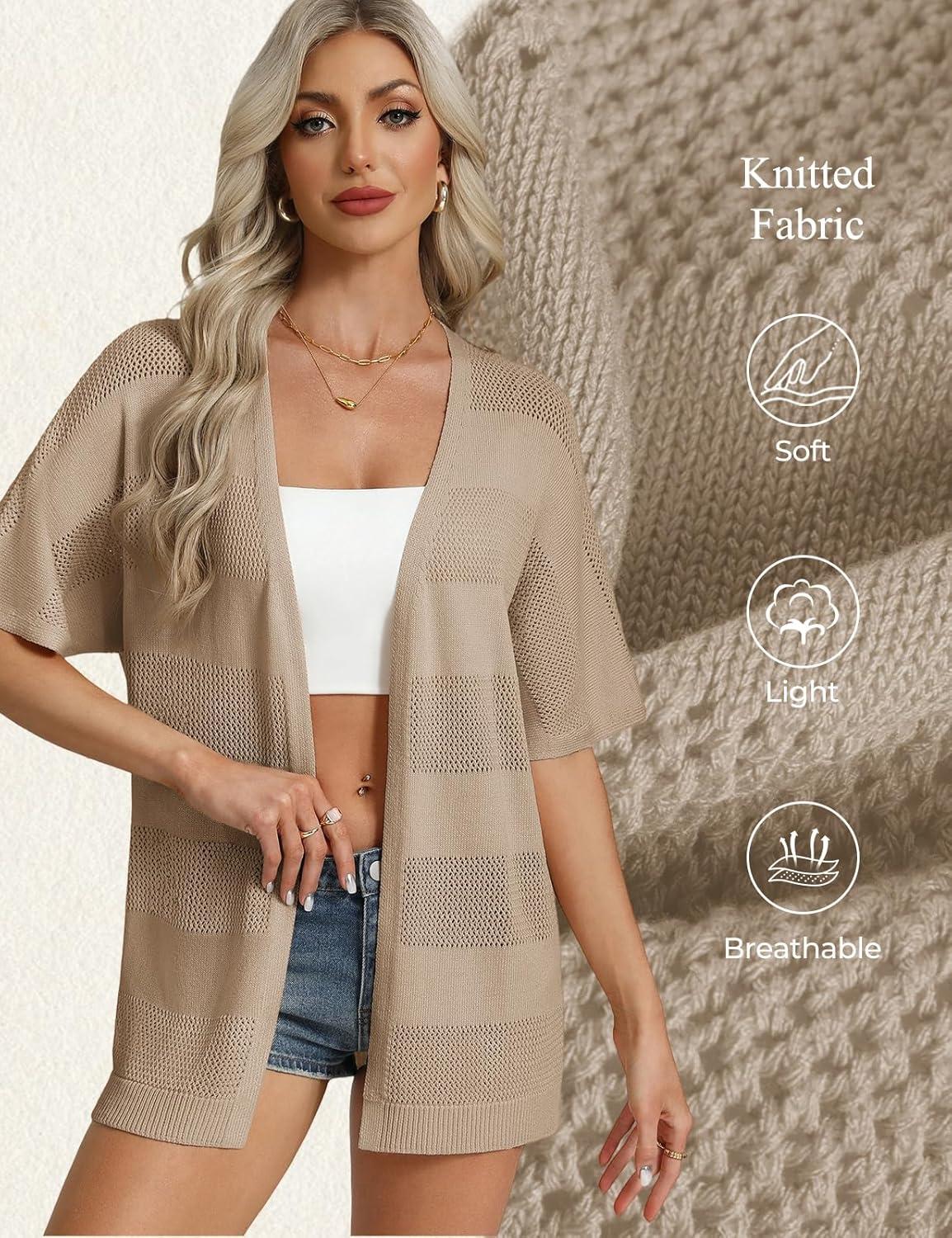 imageGRACE KARIN Womens Lightweight Summer Cardigan Short Sleeve Crochet Knit Coverup Boho Kimono Beach Vacation ClothesKhaki