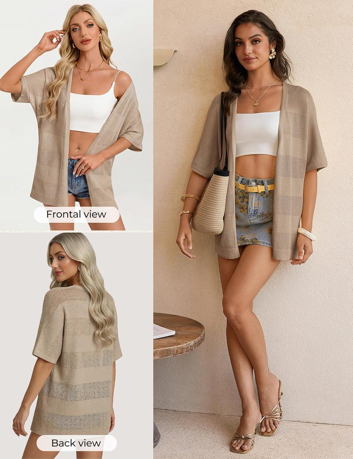 imageGRACE KARIN Womens Lightweight Summer Cardigan Short Sleeve Crochet Knit Coverup Boho Kimono Beach Vacation ClothesKhaki